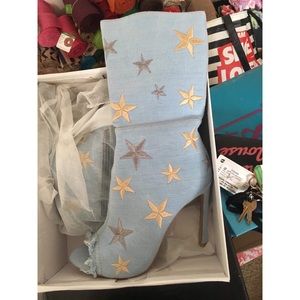 Denim Open Toe Heeled Boots